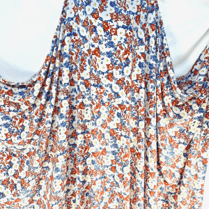 Designer Polyester White Base Red Blue Floral Print Dress Fabric