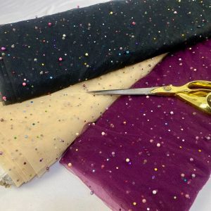 Sequinned Multicolour Pearls Net PowerMesh Fabric –Black/Beige/Burgundy