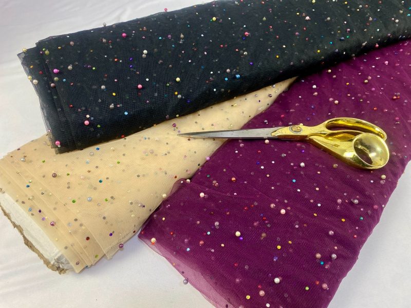 Sequinned Multicolour Pearls Net PowerMesh Fabric BlackBeigeBurgundy FREE PP 226972769226