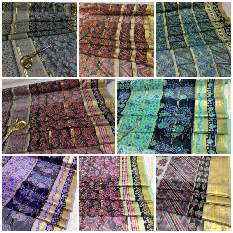 NewGold Lurex Striped Floral Border Print Chiffon DressCraft FabricFREE PP 222672961567