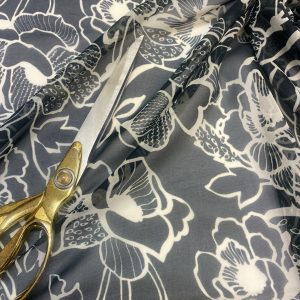 Black & Off White Rose Floral Chiffon Fabric | Sheer Dress/Craft Material